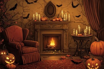 Obraz premium Halloween-themed cozy room interior with fireplace and pumpkins, AI generated illustration