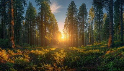 Obraz premium Golden Sunlight Filtering Through a Dense Evergreen Forest