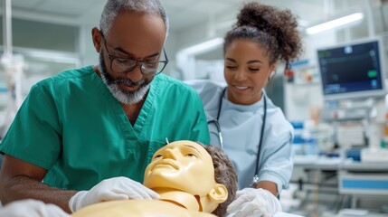 Experienced doctors guide medical students through surgical techniques on a mannequin in a lab, emphasizing hands-on learning and mentorship within modern medical education.