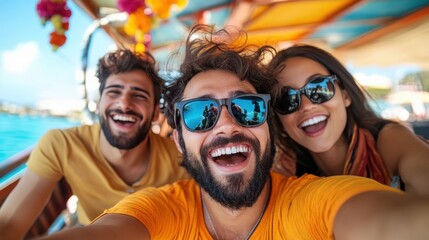 Three friends share laughter and joy on a lively boat ride, capturing the essence of happiness and friendship with colorful surroundings and sunny skies.