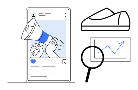 Smartphone screen displaying a social media post, a hand with a blue megaphone, a shoe icon, magnifying glass viewing rising graph. Ideal for marketing, e-commerce, social media, advertising