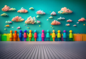 A group of colorful figures stand before a turquoise wall, looking up at a floating arrangement of pastel-colored clouds.