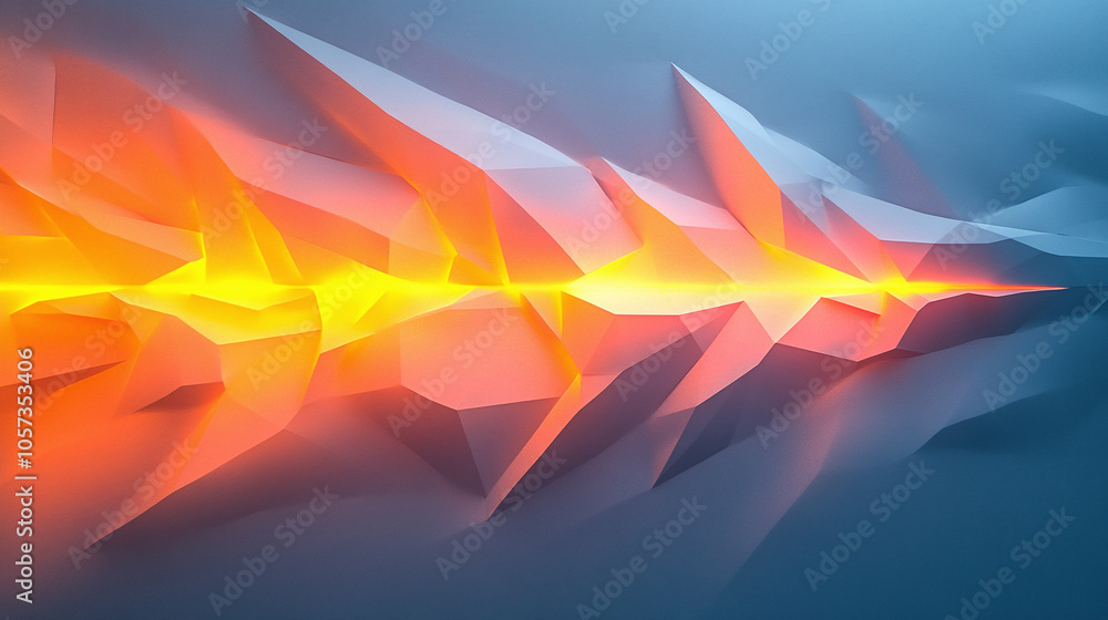 Poster dynamic abstract shapes merge hues of orange and blue, creating a vibrant visual contrast
