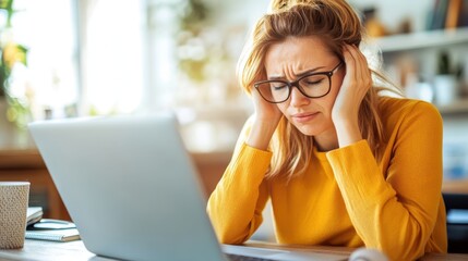 A young woman wearing glasses, sitting in front of a laptop with a frustrated expression, resting her head in her hands, highlighting stress and focus.