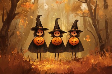 Cute witches in a dark forest with pumpkins, AI generated illustration
