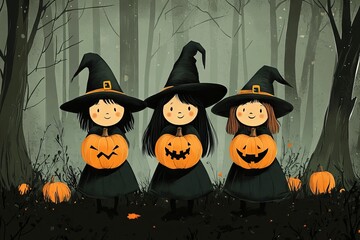 Cute witches in a dark forest with pumpkins, AI generated illustration