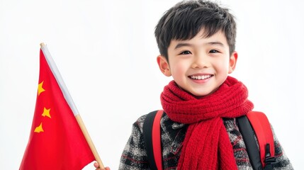 A happy Chinese schoolboy in his red scarf and uniform, holding a flag, with a white