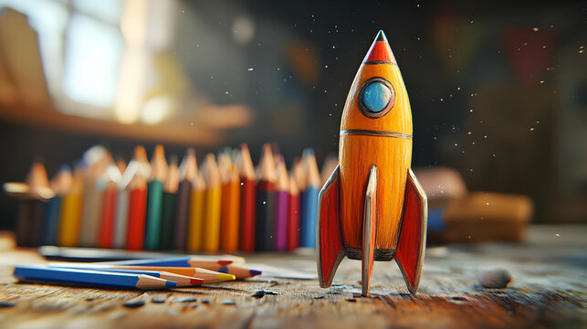 Toy Rocket Ship On Wooden Table With Colored Pencils Illustration