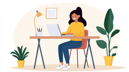 female student is smiling while writing in notebook at desk, surrounded by plants. cheerful atmosphere enhances her focus and creativity