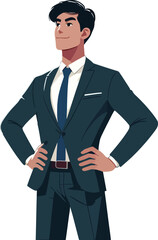 a person in a power pose, standing with hands on hips, chin slightly raised, and a subtle smile that conveys confidence.