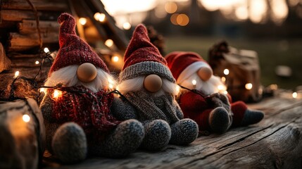 A cozy holiday scene featuring three gnomes in festive attire, adorned with string lights, creating a warm and inviting atmosphere.