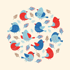 Christmas greeting card with birds on light colored background. Circular ornament. Vector illustration for seasonal holidays.