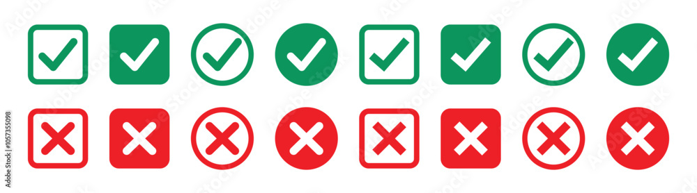 Poster set of green and red check box with yes and no sign. modern label icons check mark and cross on tran