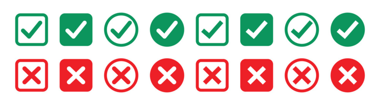 Set of green and red check box with yes and no sign. Modern label icons check mark and cross on transparent background.