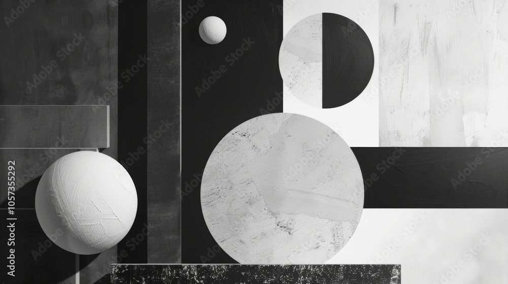 Poster the image features a monochrome abstract composition with geometric shapes in black and white, offer