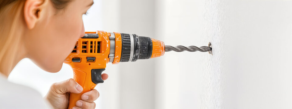 woman drilling into wall with orange power drill
