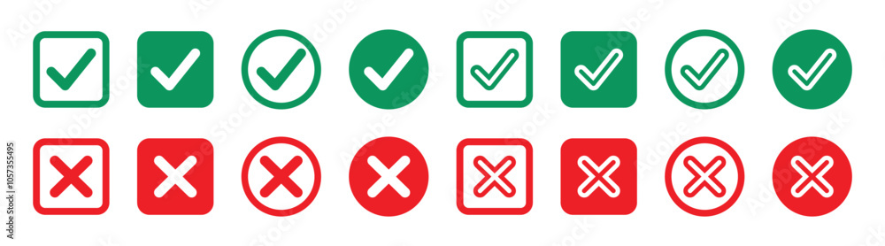 Poster set of green and red check box with yes and no sign. modern label icons check mark and cross on tran