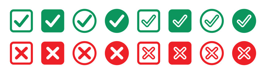 Set of green and red check box with yes and no sign. Modern label icons check mark and cross on transparent background.