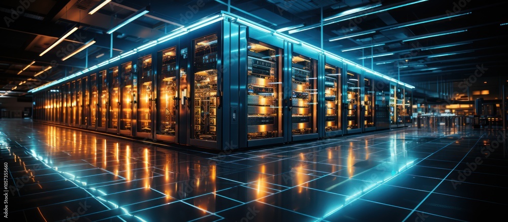 Poster a futuristic data center with illuminated server racks and reflective flooring.
