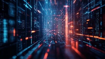 Obraz premium Digital tunnel with red and blue lights illustrating data flow
