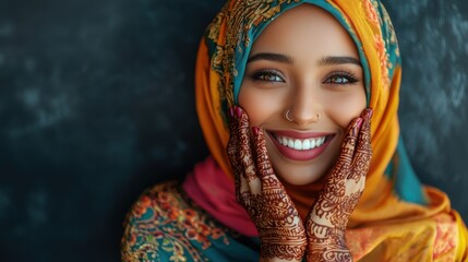 A joyful Muslim woman in a colorful hijab, smiling as she displays her henna-painted hands