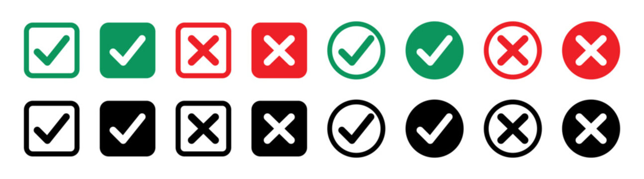 Tick, cross icon button set. Yes or no symbol, approved or rejected icon for user interface.