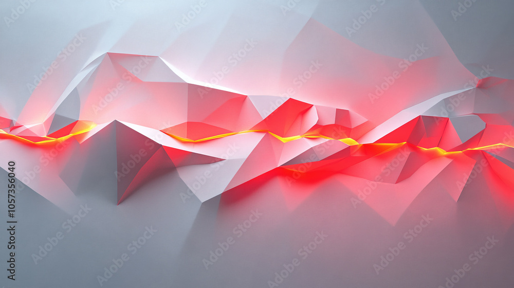 Poster abstract red and white mountain range with glowing lines in a minimalist artistic style