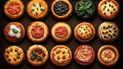 A colorful array of miniature pizza designs arranged in a grid.