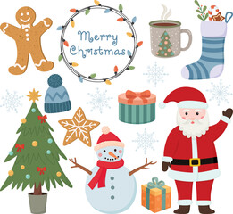 Set of Christmas seasonal elements with Santa, snowman, christmas tree, sock, cup, hat, gingerbread, garland and snowflakes