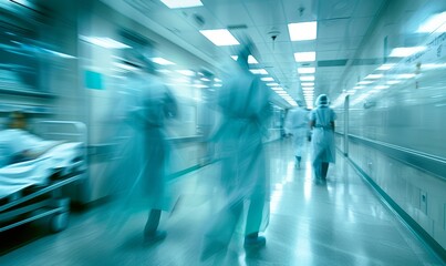 A motion blurred photograph of a hospital interior, doctor and staff working with fast movement