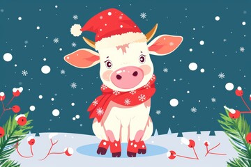 Festive cartoon cow in santa hat and scarf amidst snowflakes