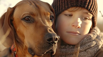 A poignant image capturing the heartfelt bond between a child and their faithful dog companion, evoking feelings of warmth, trust, and friendship.