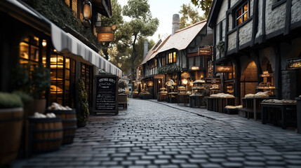 Fototapeta premium Cozy medieval-style street market with rustic half-timbered houses, cobblestone pavement, and warm storefronts offering baked goods and products under hanging signs.