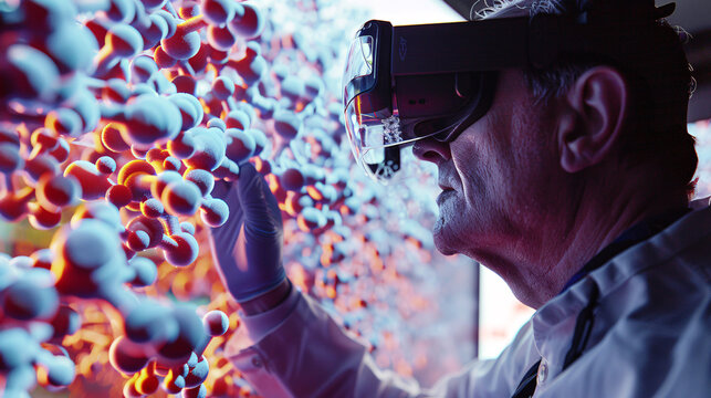A scientist wearing augmented reality goggles interacts with a 3D molecular model, exploring virtual chemical structures for research purposes - Powered by Adobe