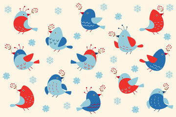 Set of beautiful winter birds with twigs in beak. Vector holiday illustration for postcard, poster, banner, stickers. Christmas and new year.