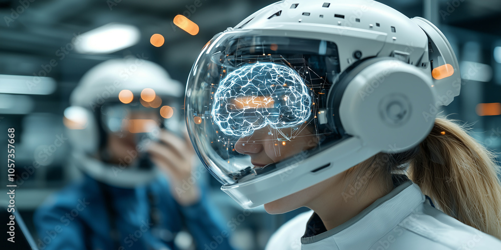 Poster two engineers wearing advanced helmets with digital brain interfaces work in futuristic lab, showcas