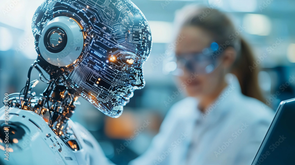 Poster humanoid robot with digital interface interacts with female engineer in lab setting, showcasing advanced technology and innovation