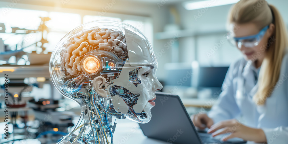 Poster futuristic robot with transparent head revealing intricate brain mechanisms is observed by scientist working on laptop in laboratory setting