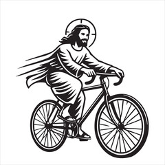 Obraz premium Jesus Christ Riding A Bicycle Clipart Design - Funny Jesus Christ Vector illustration in black and white 
