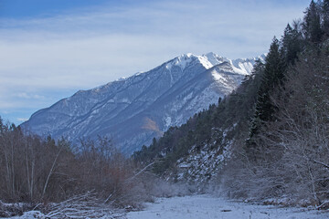 vista dettagliata su un ambiente naturale di montagna innevato, nel nord Italia, nel Friuli Venezia...