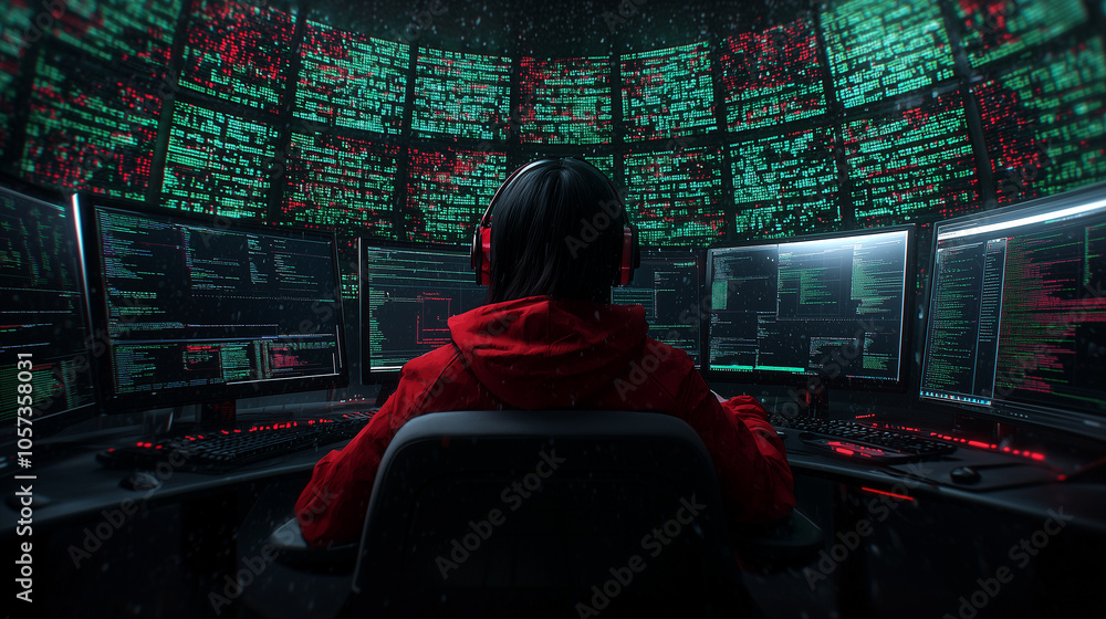 Aufkleber person in red hoodie sits in front of multiple computer screens displaying code, immersed in digital environment. scene is filled with sense of focus and intensity