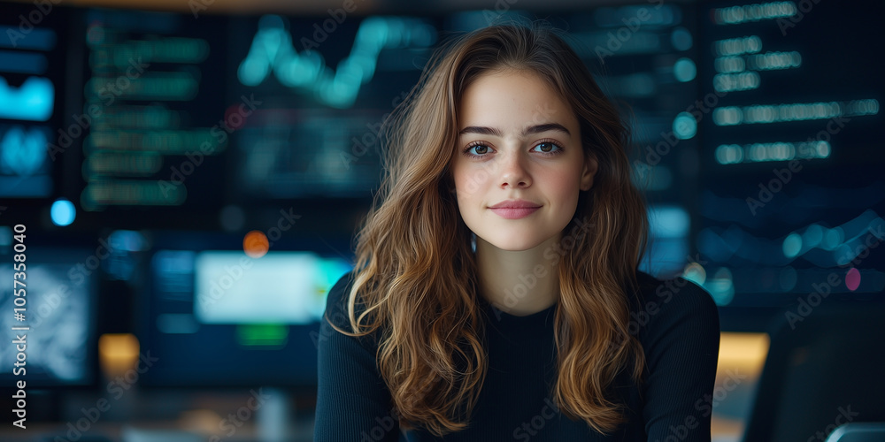 Poster woman sits confidently in front of multiple computer screens displaying data and code, suggesting tech savvy environment