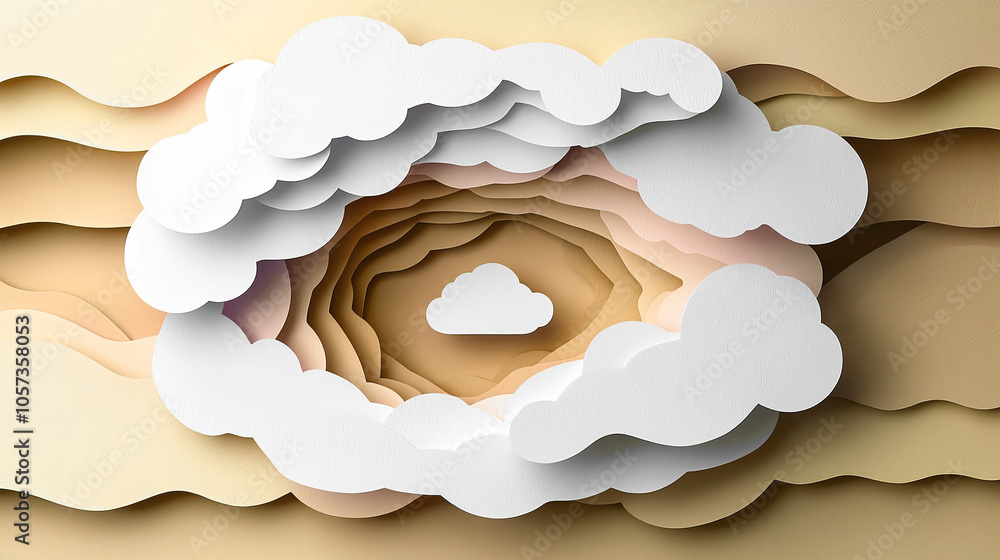 Poster layers of clouds in a creative paper-cut design, capturing the essence of a serene sky view