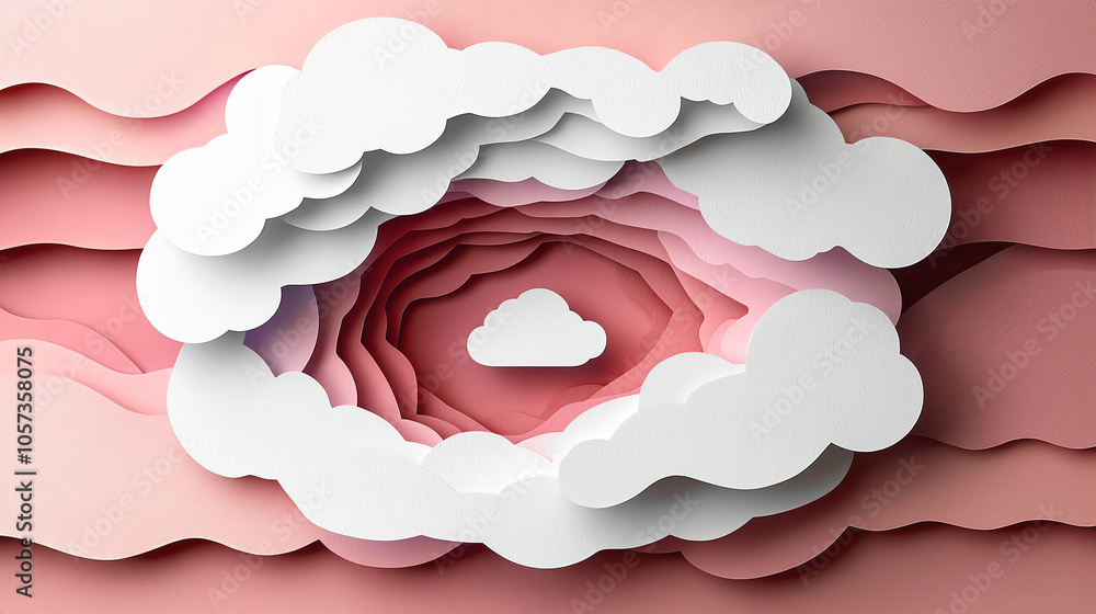 Poster creating a dreamscape with layered paper art showcasing clouds in soft pastel colors
