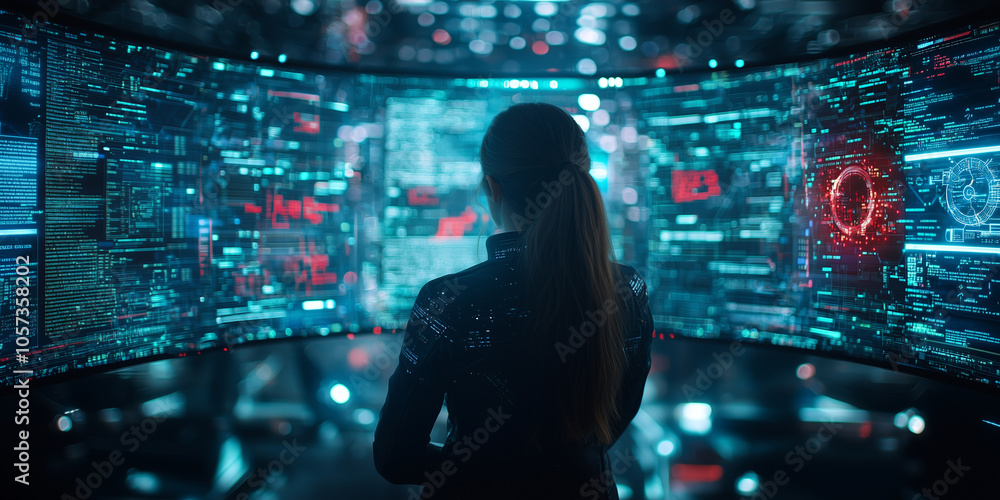 Aufkleber woman stands in front of multiple digital screens filled with complex code and data, immersed in futuristic, high tech environment. scene conveys sense of focus and innovation