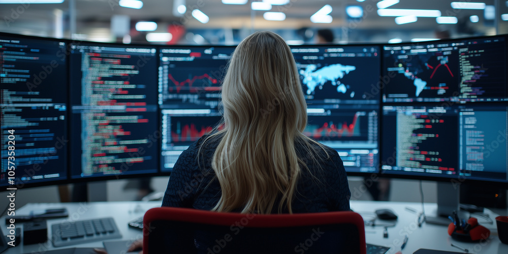 Aufkleber woman with long blonde hair is focused on multiple computer screens displaying code and data analytics in modern office setting