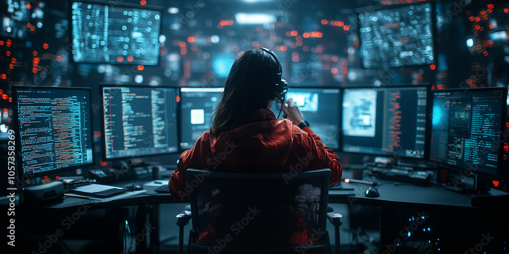 Aufkleber woman in red jacket is focused on coding at multi monitor setup in dimly lit room filled with digital screens, creating futuristic and intense atmosphere