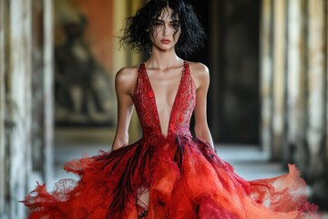 Fashion model wearing elegant red dress walking on catwalk