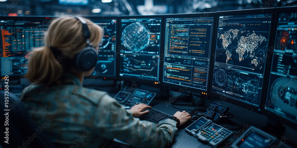 Aufkleber woman in high tech control room monitors multiple screens displaying global data and coding interfaces, showcasing dynamic and focused environment
