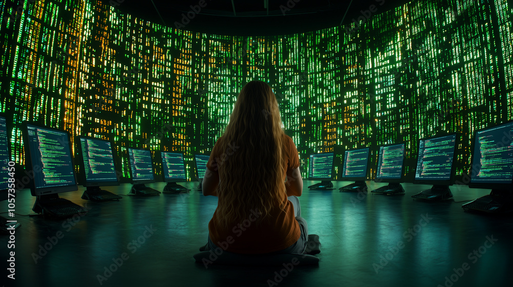Aufkleber woman sits surrounded by multiple computer screens displaying code, immersed in digital environment with large green matrix like display